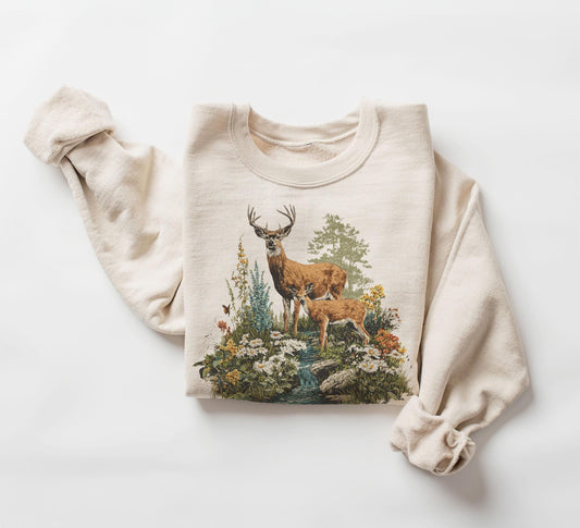 Retro Buck & Doe Deer Summer Scene Sweatshirt - 90s Cute Mammals Wildflower Nature Gift - Wildlife Watcher - Boho Unisex Crewneck Sweatshirt