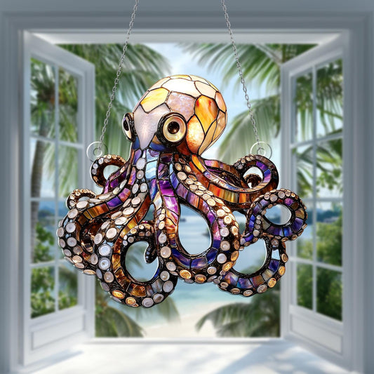 Colorful Stained Glass Octopus Window Hanging – Handmade Ocean Animal Sun Catcher with Swirling Tentacles for Nautical Window Decor