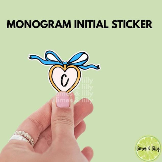 Custom Monogram Initial Letter Heart Locket Blue Bow Vinyl Sticker | Girly Sticker | Kindle Stickers | Cute Stickers | Trendy