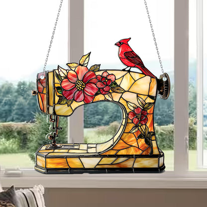 Sewing Machine Stained Glass Window Hanging – Floral Sun Catcher with Cardinal Bird for Seamstress Gift, Quilter Room, or Craft Decor
