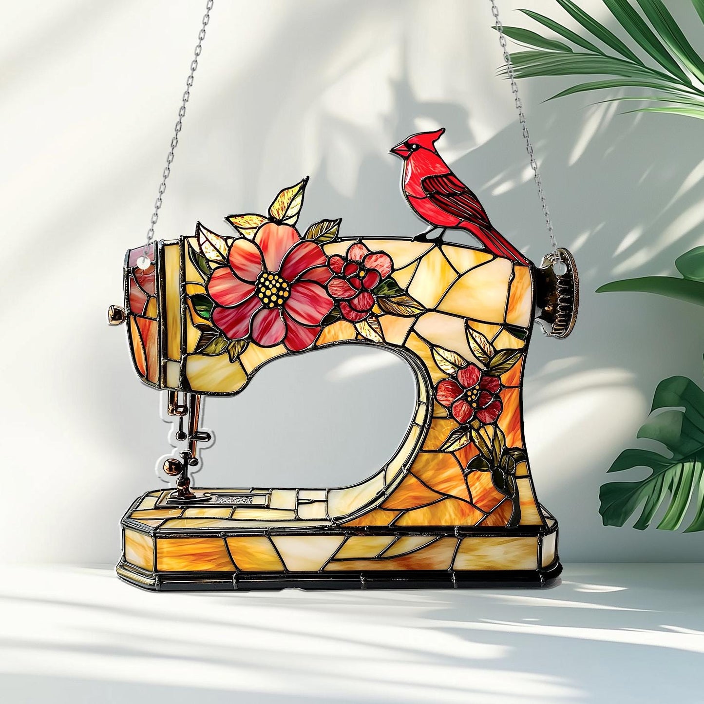 Sewing Machine Stained Glass Window Hanging – Floral Sun Catcher with Cardinal Bird for Seamstress Gift, Quilter Room, or Craft Decor