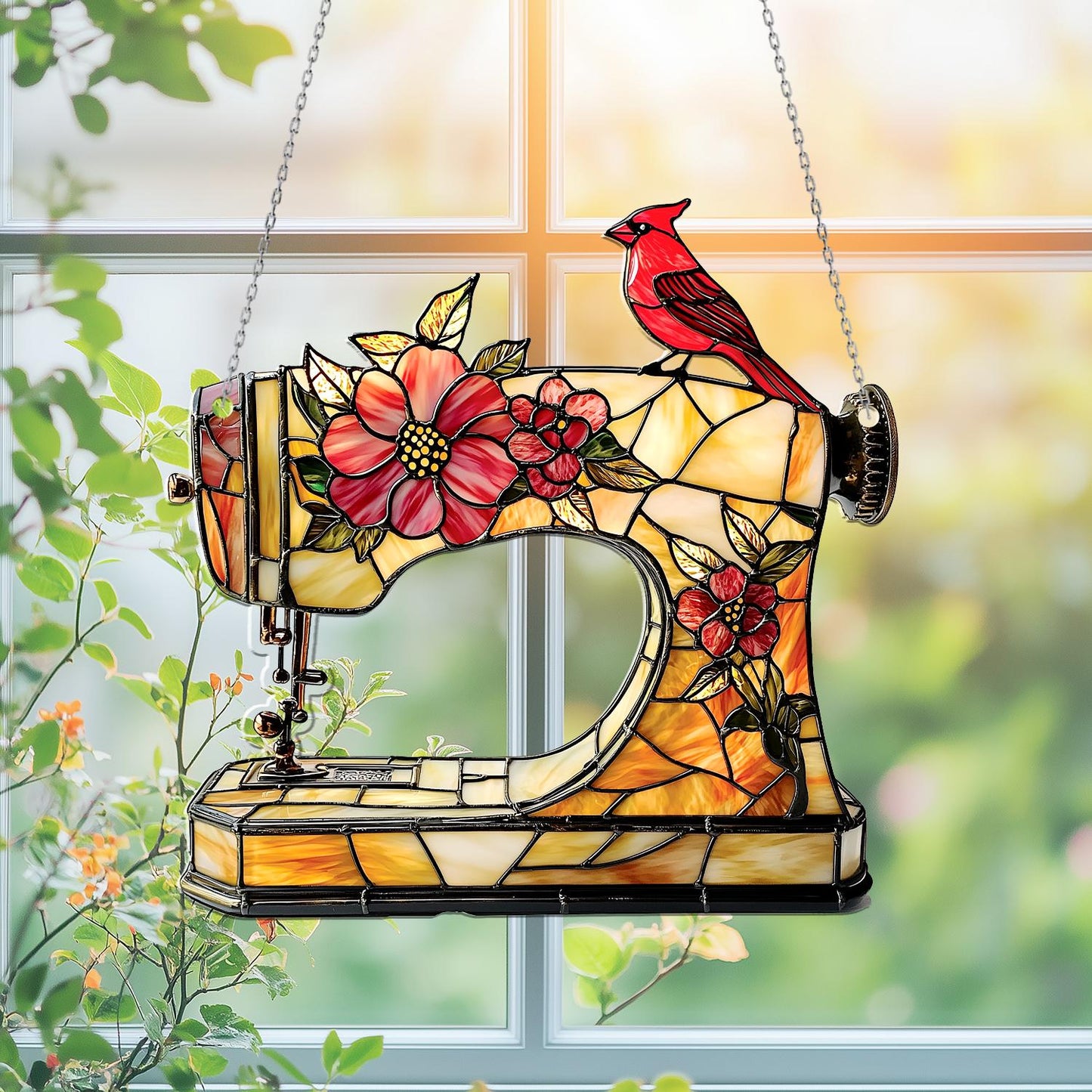 Sewing Machine Stained Glass Window Hanging – Floral Sun Catcher with Cardinal Bird for Seamstress Gift, Quilter Room, or Craft Decor