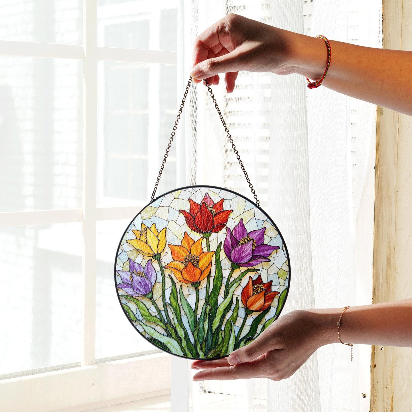 Colorful Tulip Garden Glass Suncatcher Round Floral Window Hanging Gift for Mom or Nature Lover