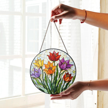 Colorful Tulip Garden Glass Suncatcher Round Floral Window Hanging Gift for Mom or Nature Lover
