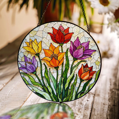Colorful Tulip Garden Glass Suncatcher Round Floral Window Hanging Gift for Mom or Nature Lover