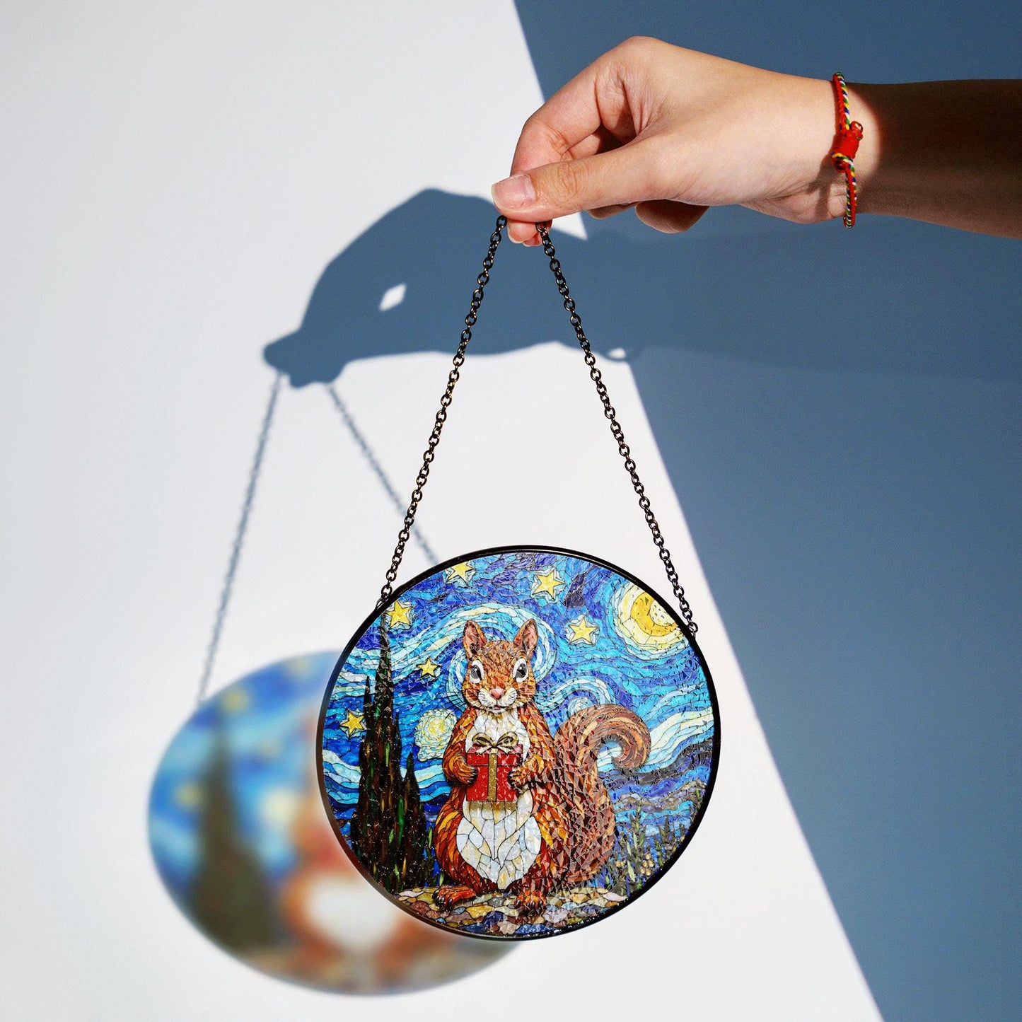 cute squirrel with gift night sky suncatcher stained glass animal decor gift for daughter