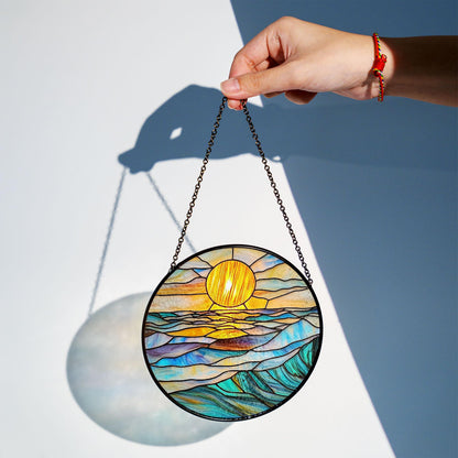 Round Stained Glass Suncatcher – Ocean Sunset with Glowing Sun, Waves in Blue, Aqua & Gold Tones – Coastal Window Hanging Art