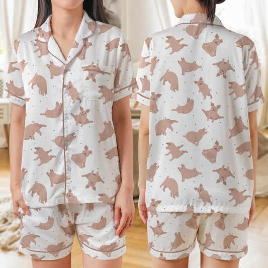 Pig Yoga AOP Satin Short-Sleeve Pajamas Set, Funny Animal Print Sleepwear for Women, Cute Farm Pig Loungewear Gift