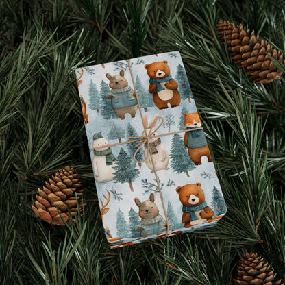 Christmas Wrapping Paper, Woodland Animals Winter Christmas Vintage Gift Wrap, Holiday Craft Supplies, Festive Gift Packaging