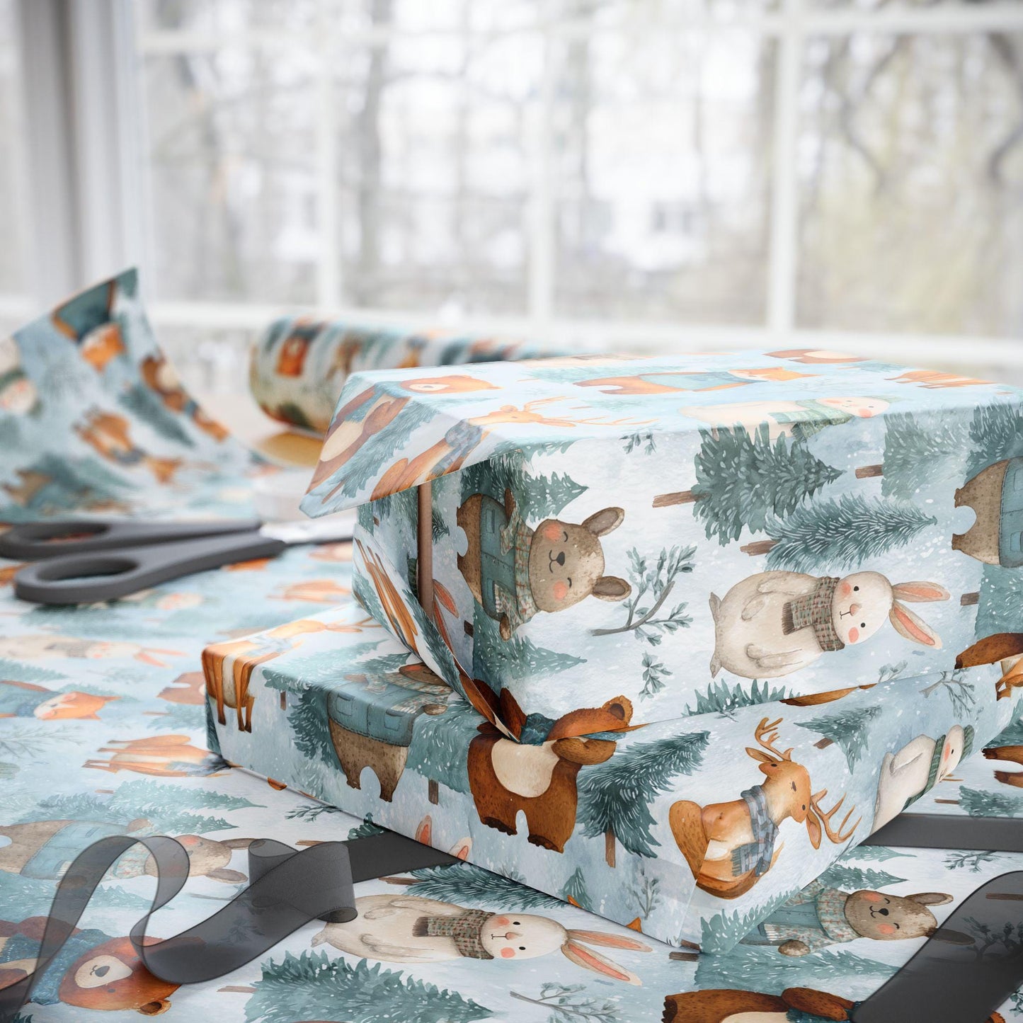 Christmas Wrapping Paper, Woodland Animals Winter Christmas Vintage Gift Wrap, Holiday Craft Supplies, Festive Gift Packaging