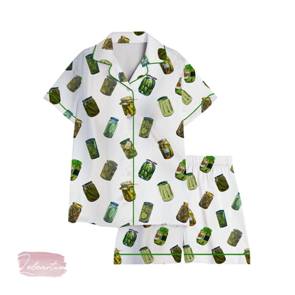 Pickle Collection | Silky Satin Pajama Set for Women | Funny Foodie Sleepwear | Pickle Jar Print PJs | Lightweight Summer Lounge Set
