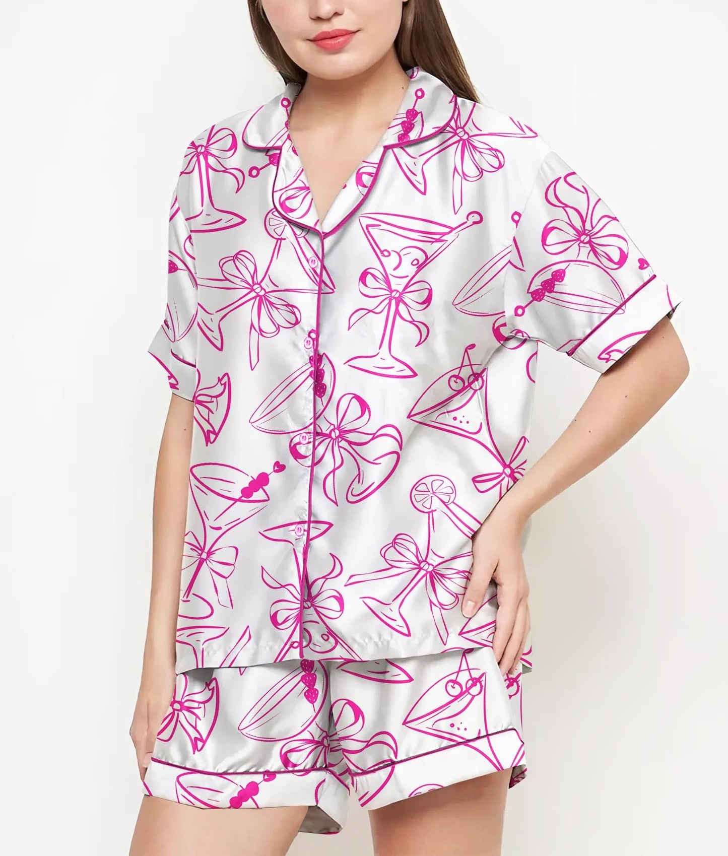 Martini Espresso Coquette Pajamas Satin Set, Pink Martini Shirt,Mother's Day Gift, Birthday Gift, Gift For Her, Bridesmaid Gifts, Women Gift