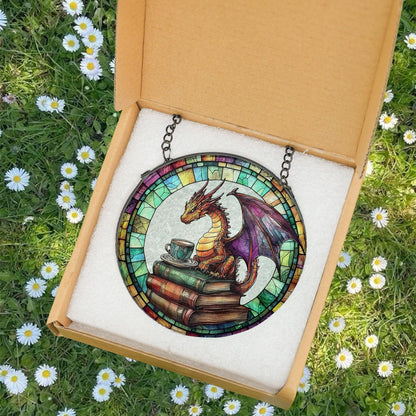 Dragon and Book Tea Suncatcher, Dragon Glass Suncacther, Fantasy Reader Ornament, Perfect Literary Gift for Book Lovers, Gift For Readers