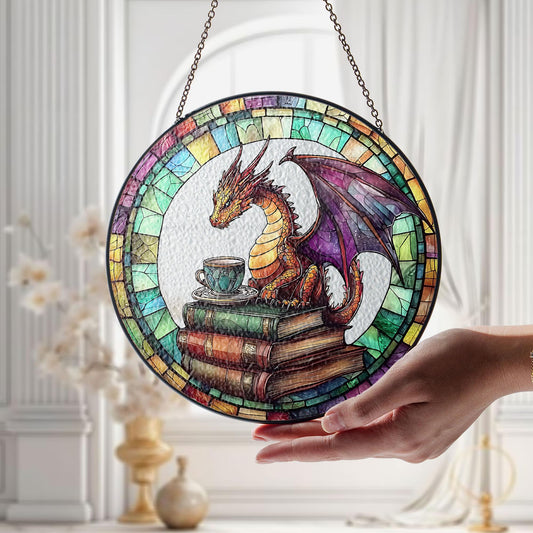 Dragon and Book Tea Suncatcher, Dragon Glass Suncacther, Fantasy Reader Ornament, Perfect Literary Gift for Book Lovers, Gift For Readers