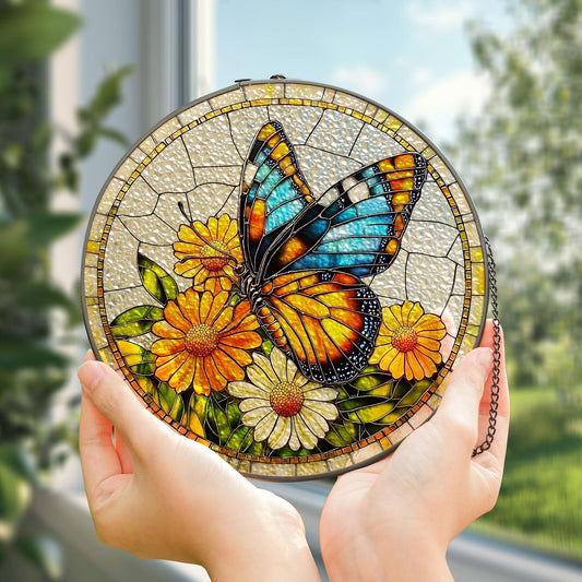 Butterfly With Flower Stained Glass Suncatcher, Monarch Butterfly Decor, Butterfly Lover Gift, Daisy Light Catcher, Gift For Gardener