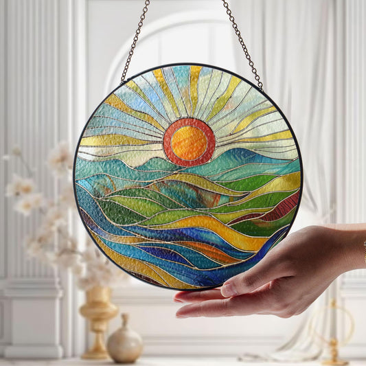 Sunrise Stained Glass Suncatcher, Colorful Landscape Window Hanging, Colorful Sunrise Window Art, Landscape Home Decor, Nature Lovers Gift