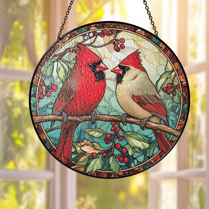 Cardinal Glass Suncatcher, Bird Glass Art, Memorial Suncatcher, Cardinal Lover Gift, Bird Wall Hanging, Gift For Couple, Anniversary Gift
