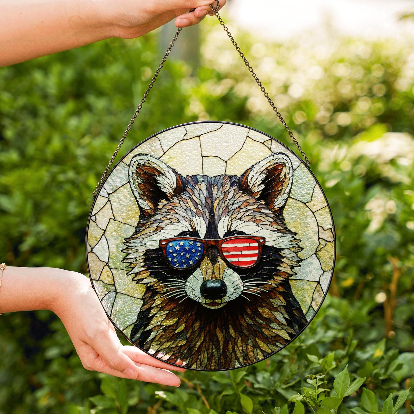 Patriotic raccoon mosaic stained glass suncatcher window decor Fourth of July gift for dad
