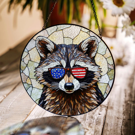 Patriotic raccoon mosaic stained glass suncatcher window decor Fourth of July gift for dad