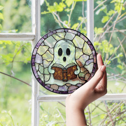 Cute ghost reading a book art stained glass window suncatcher mystical light gift for bookworms halloween friends