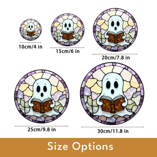 Cute ghost reading a book art stained glass window suncatcher mystical light gift for bookworms halloween friends