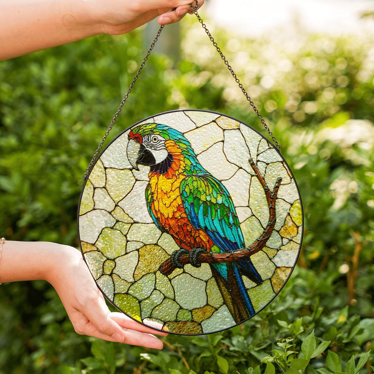 Vibrant macaw on branch stained glass suncatcher window decor Gift for bird lover birthday