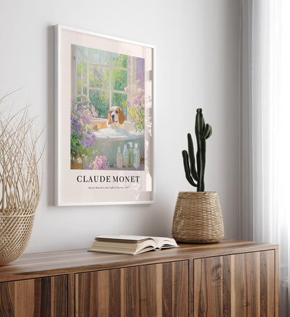 Basset Hound in Bathtub Poster: Monet Style Bathroom Print