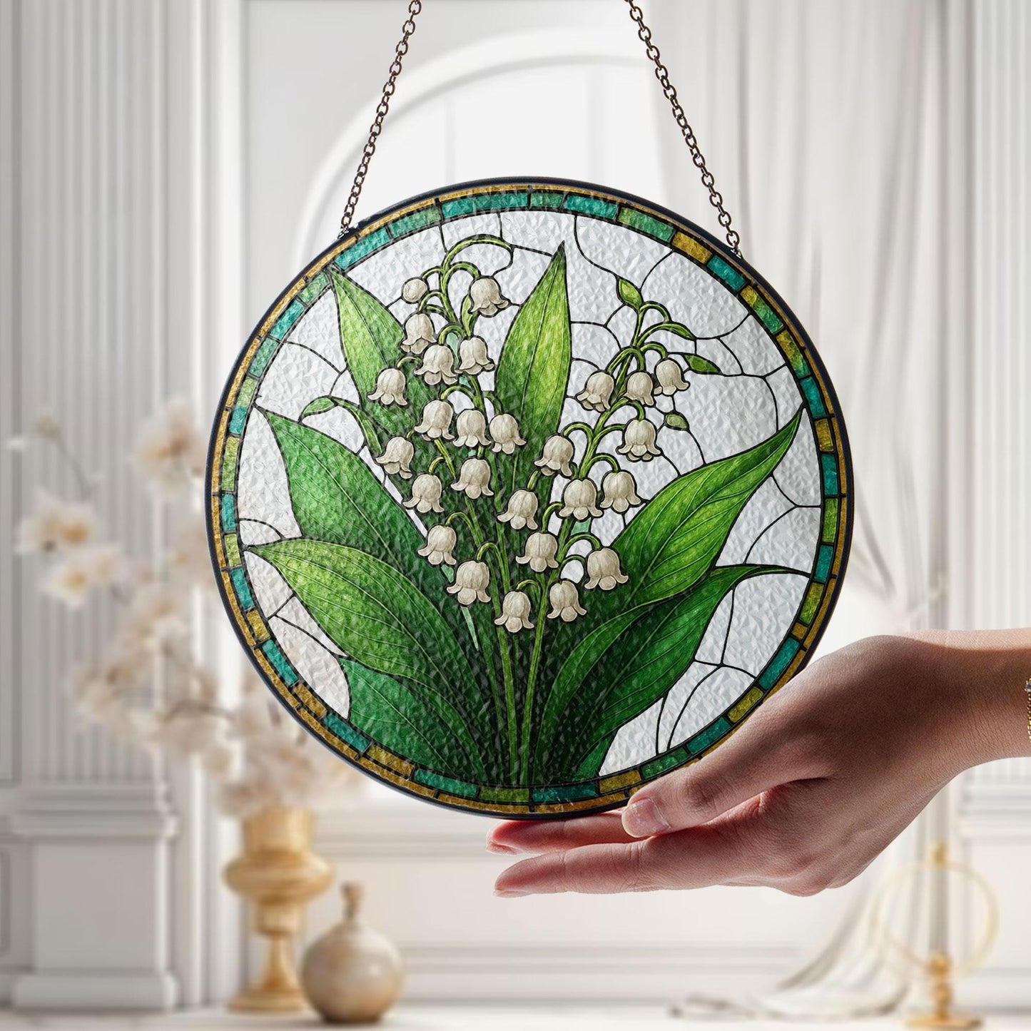 Lily of Valley Flower Glass Suncatcher, Suncatcher Hanging Decor, Lily of Valley Suncatcher, Gift for Mom, May Birth Month Flower Suncatcher