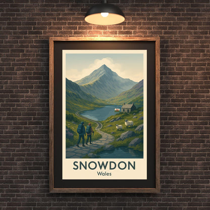 Snowdon Poster Wall Art, Snowdonia Mountain Climbing Print, Home Décor Gift for Wedding & Birthday, Three Peaks Challenge North Wales Poster