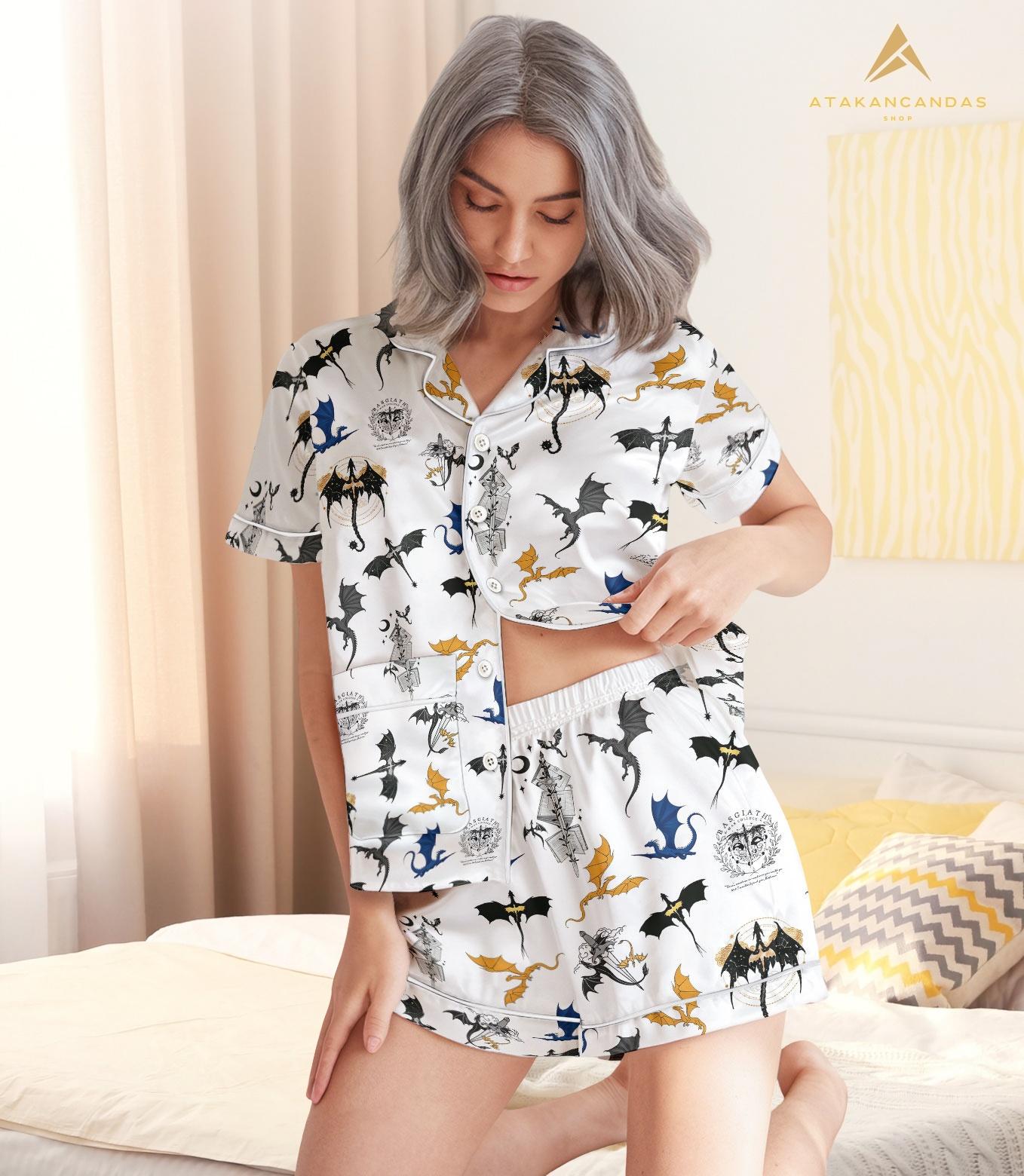 Fourth Wing Short Satin Pajamas, Dragon Fly Or Die Matching Pajamas, Dragon Bookish Short Sleeve Pajamas, Dragon Bride Pajamas Women