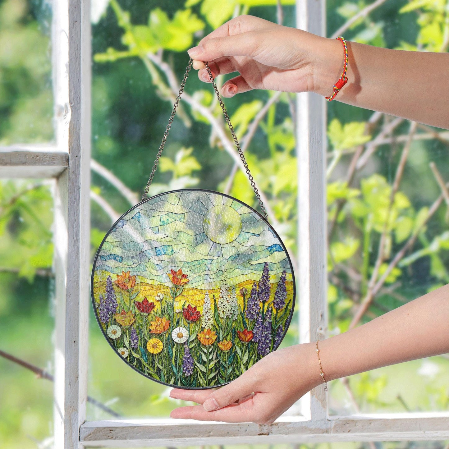 Sunlit Meadow Wildflower Landscape Round Stained Glass Suncatcher Window Hanging Gift for Mom Birthday