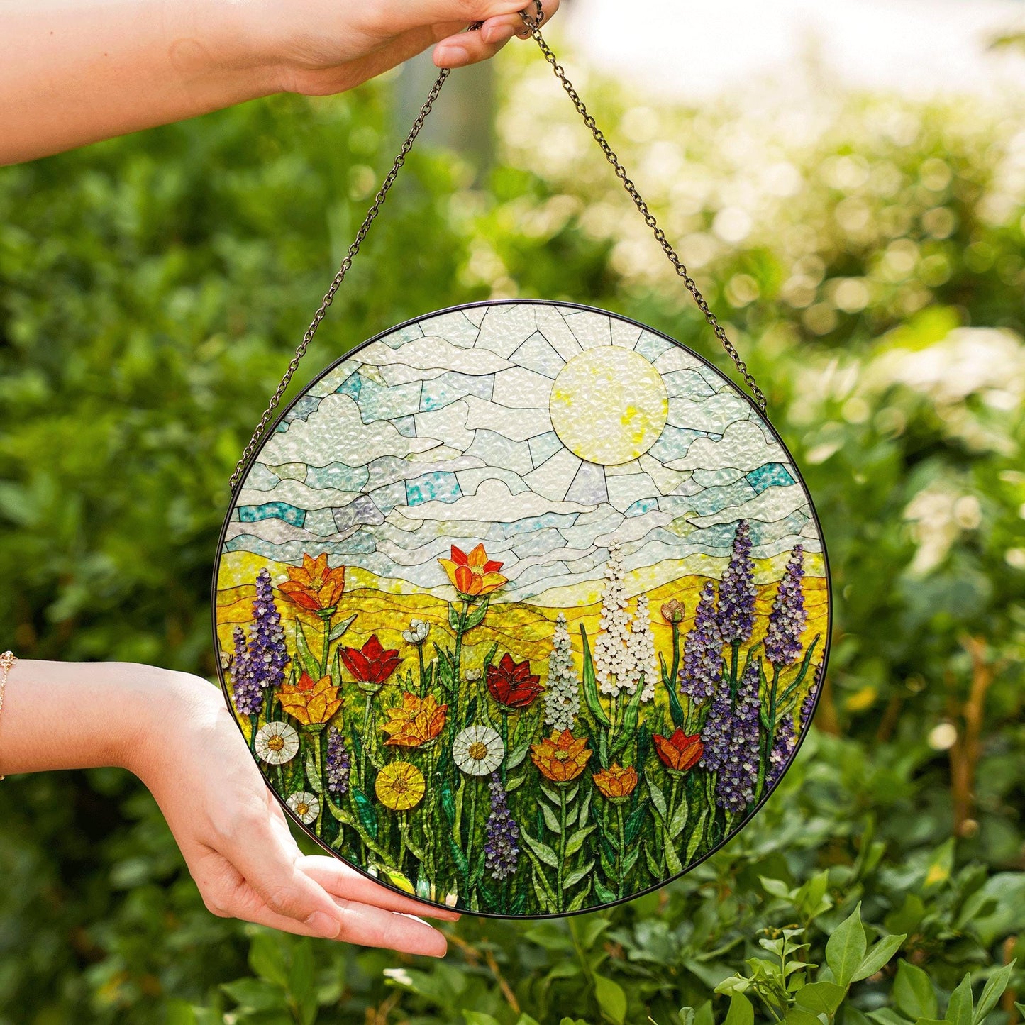Sunlit Meadow Wildflower Landscape Round Stained Glass Suncatcher Window Hanging Gift for Mom Birthday