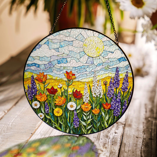 Sunlit Meadow Wildflower Landscape Round Stained Glass Suncatcher Window Hanging Gift for Mom Birthday