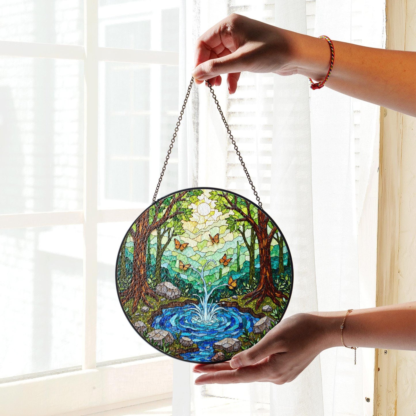 Forest pond butterflies scene stained glass round window suncatcher radiance nature art gift for mom housewarming friends