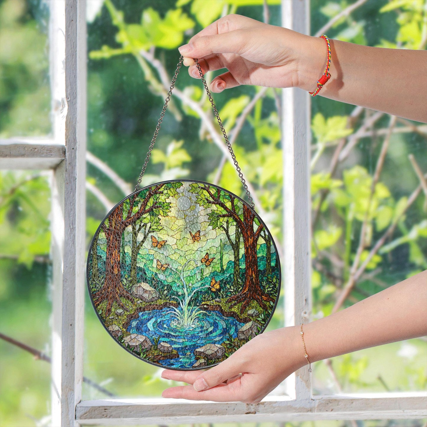 Forest pond butterflies scene stained glass round window suncatcher radiance nature art gift for mom housewarming friends
