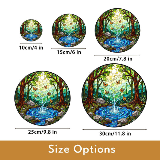 Forest pond butterflies scene stained glass round window suncatcher radiance nature art gift for mom housewarming friends