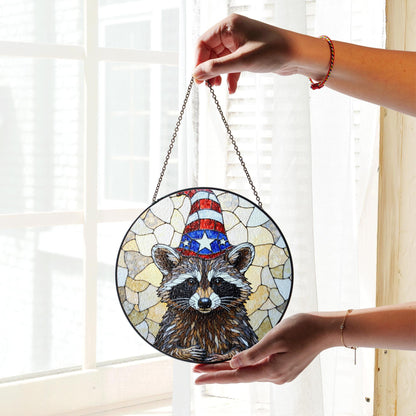 Patriotic raccoon mosaic art stained glass suncatcher window decor Fourth of July gift for wildlife lover