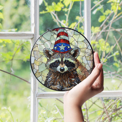 Patriotic raccoon mosaic art stained glass suncatcher window decor Fourth of July gift for wildlife lover