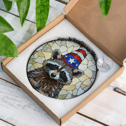 Patriotic raccoon mosaic art stained glass suncatcher window decor Fourth of July gift for wildlife lover