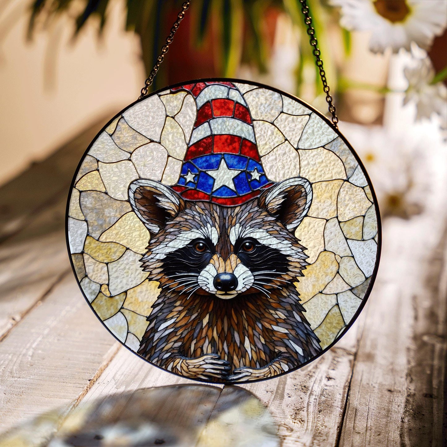 Patriotic raccoon mosaic art stained glass suncatcher window decor Fourth of July gift for wildlife lover