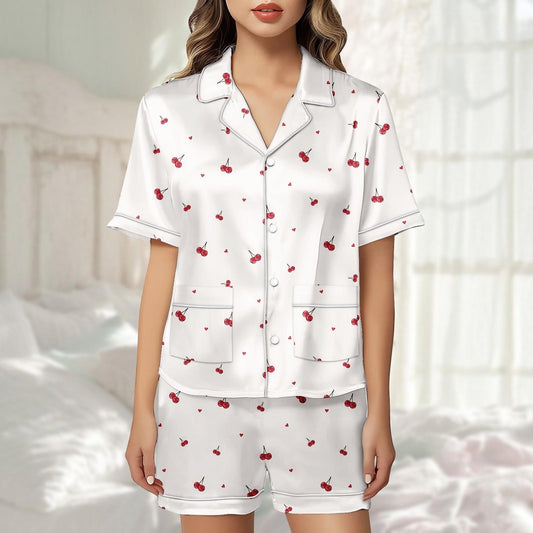 Cherry Satin Pajama Short Set, Cute Heart Pjs For Women, Summer Satin Sleepwear, Romantic Loungewear, Matching Pj Set, Gift For Her