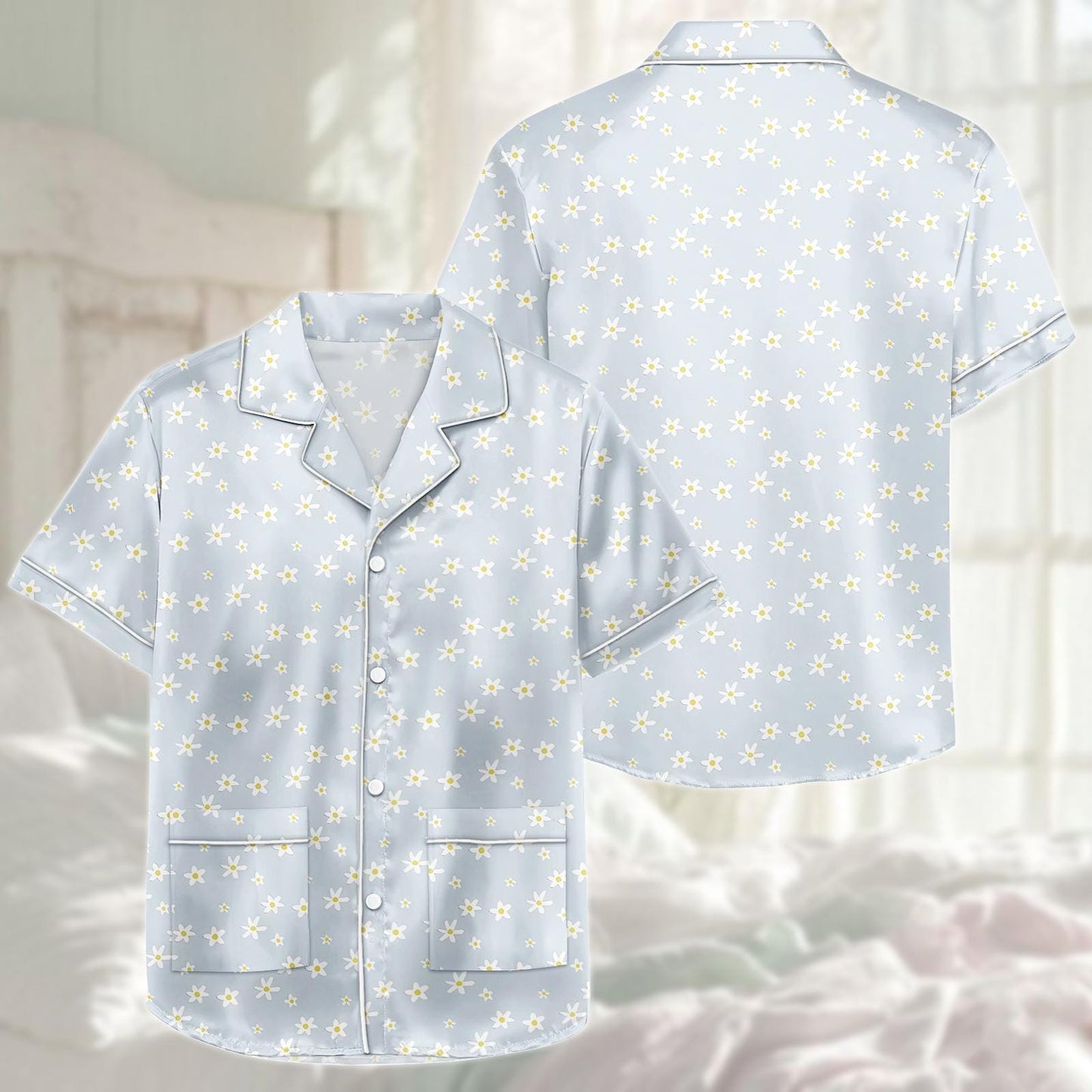 Daisy Floral Satin Pajama Short Set, Blue Sleeve Sleepwear For Women, Summer Satin Lounge Set, Bridesmaid Pjs, Cute Gift For Her