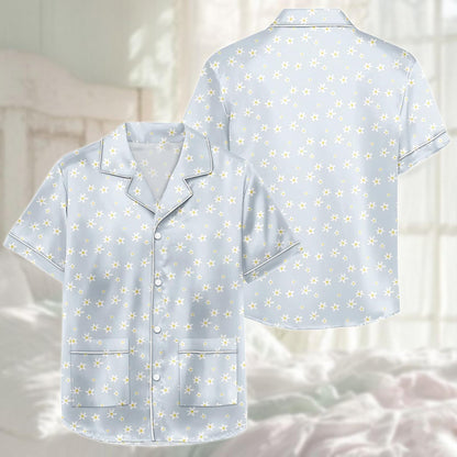 Daisy Floral Satin Pajama Short Set, Blue Sleeve Sleepwear For Women, Summer Satin Lounge Set, Bridesmaid Pjs, Cute Gift For Her