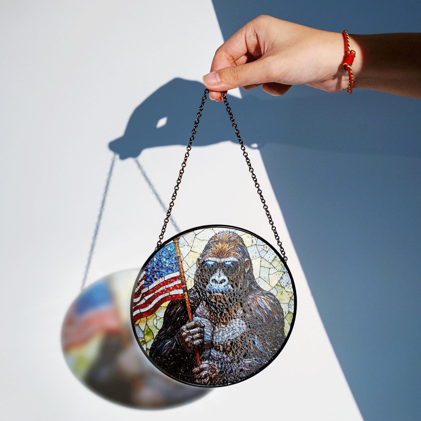 Gorilla Holding US Flag Stained Glass Round Window Suncatcher Patriotic Home Decor Gift for Him Independence Day Dad