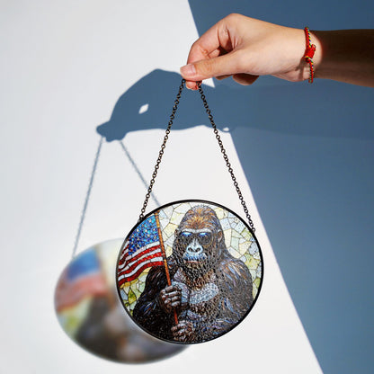 Gorilla Holding US Flag Stained Glass Round Window Suncatcher Patriotic Home Decor Gift for Him Independence Day Dad