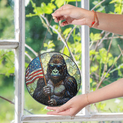Gorilla Holding US Flag Stained Glass Round Window Suncatcher Patriotic Home Decor Gift for Him Independence Day Dad