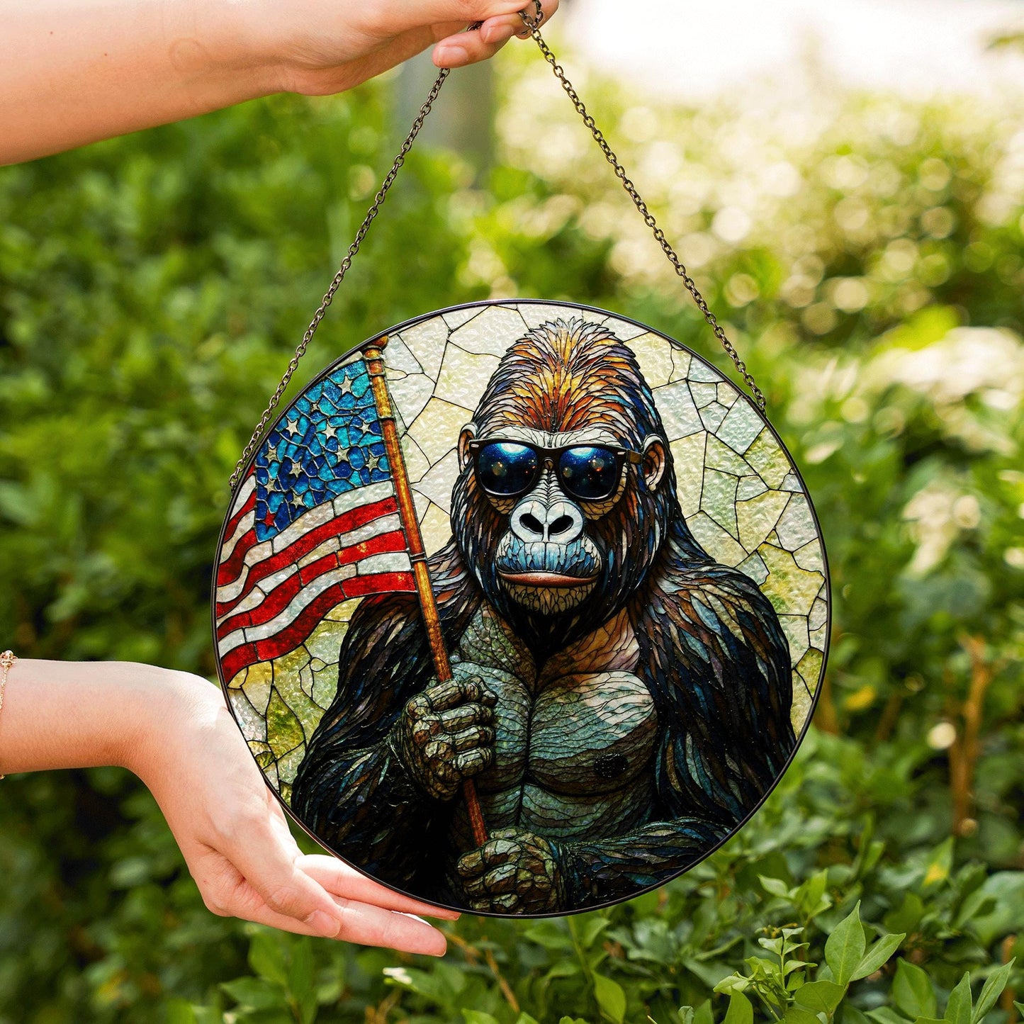 Gorilla Holding US Flag Stained Glass Round Window Suncatcher Patriotic Home Decor Gift for Him Independence Day Dad