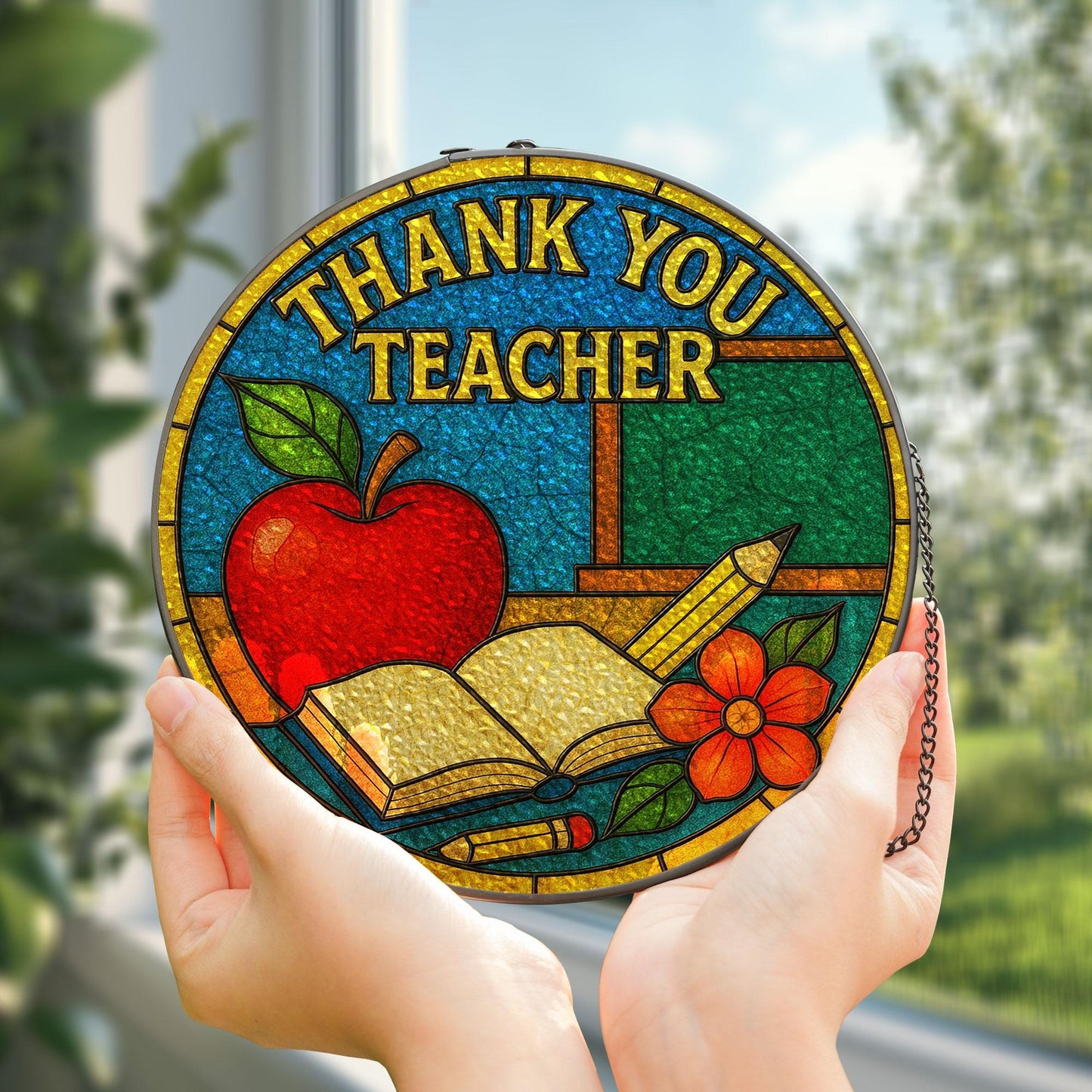 Thank You Teacher Glass Suncatcher, Teacher Appreciation Suncatcher, Thank You Gift for Teacher, Floral Glass Hanging, End of Year Gift
