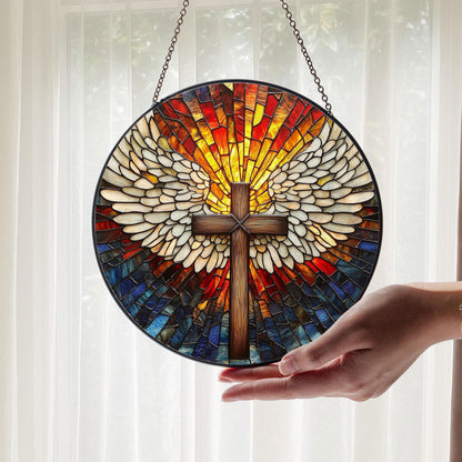 Cross Glass Suncatcher, Catholic Stained Glass Decor, Religious Gift, Gift for Grandma, Christian Glass Suncatcher, Faith Cross Home Decor