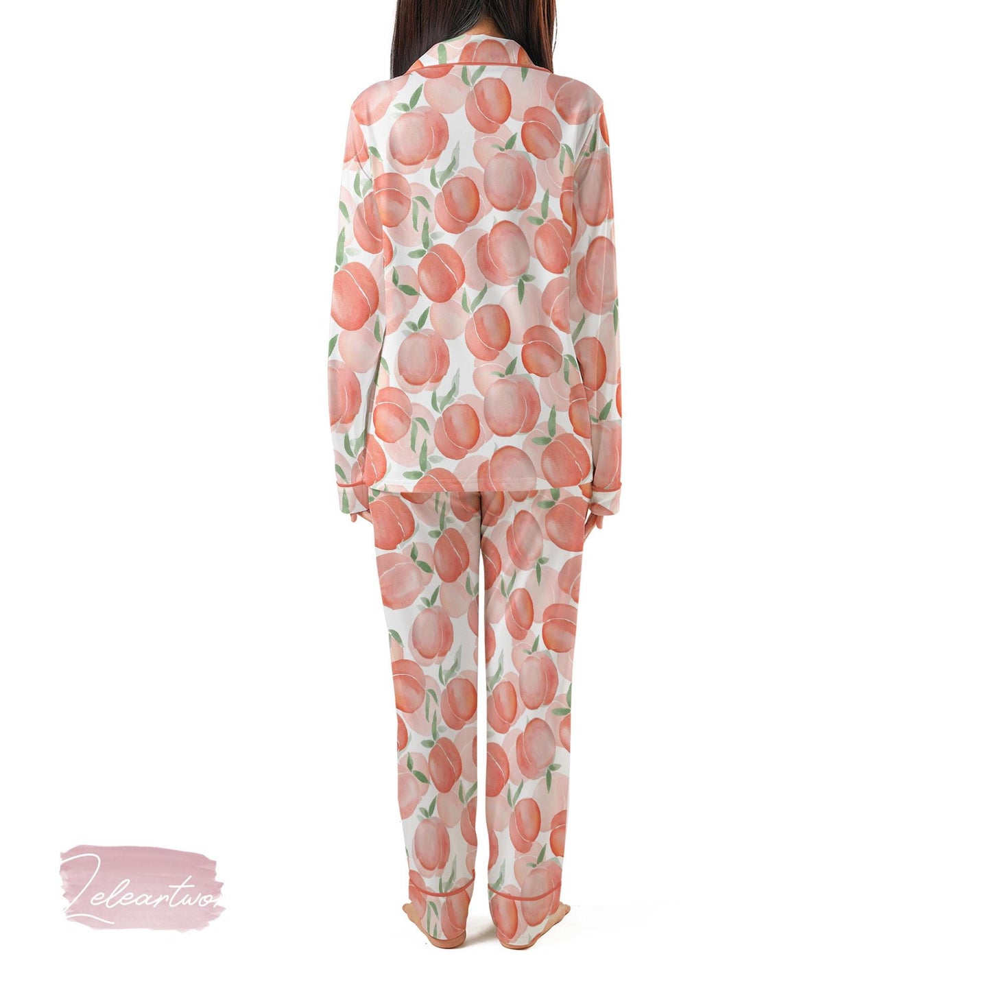 Pink Peach Set | Silky Satin Pajama Set for Women | Watercolor Fruit Print Sleepwear | Summer Lounge Set | Peach Aesthetic Gift